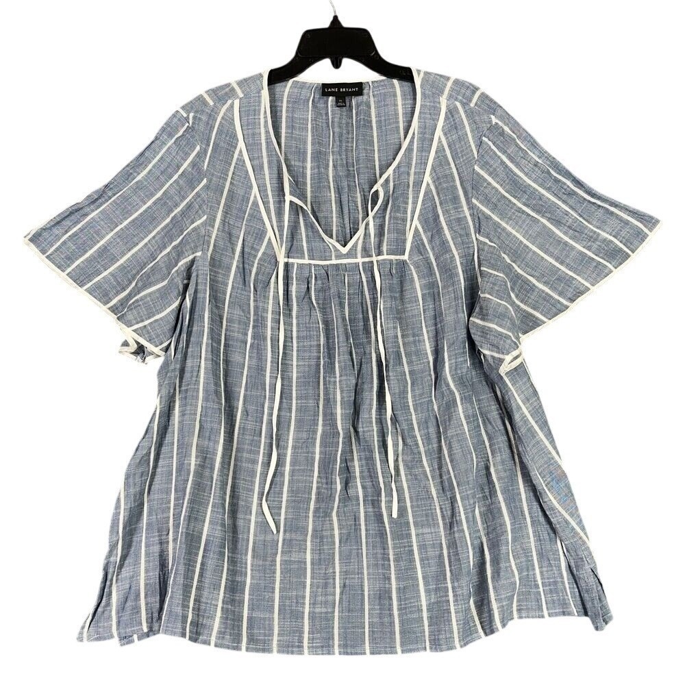 Lane Bryant Striped Blouse Womens 26 Blue White Tie Neck Flutter Sleeve Casual